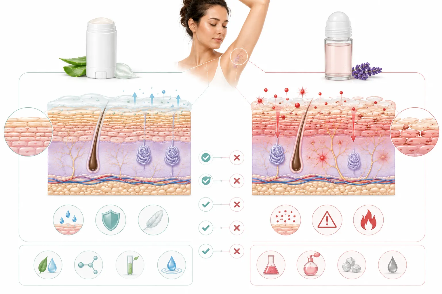 Diagram showing how different deodorant ingredients interact with sensitive underarm skin