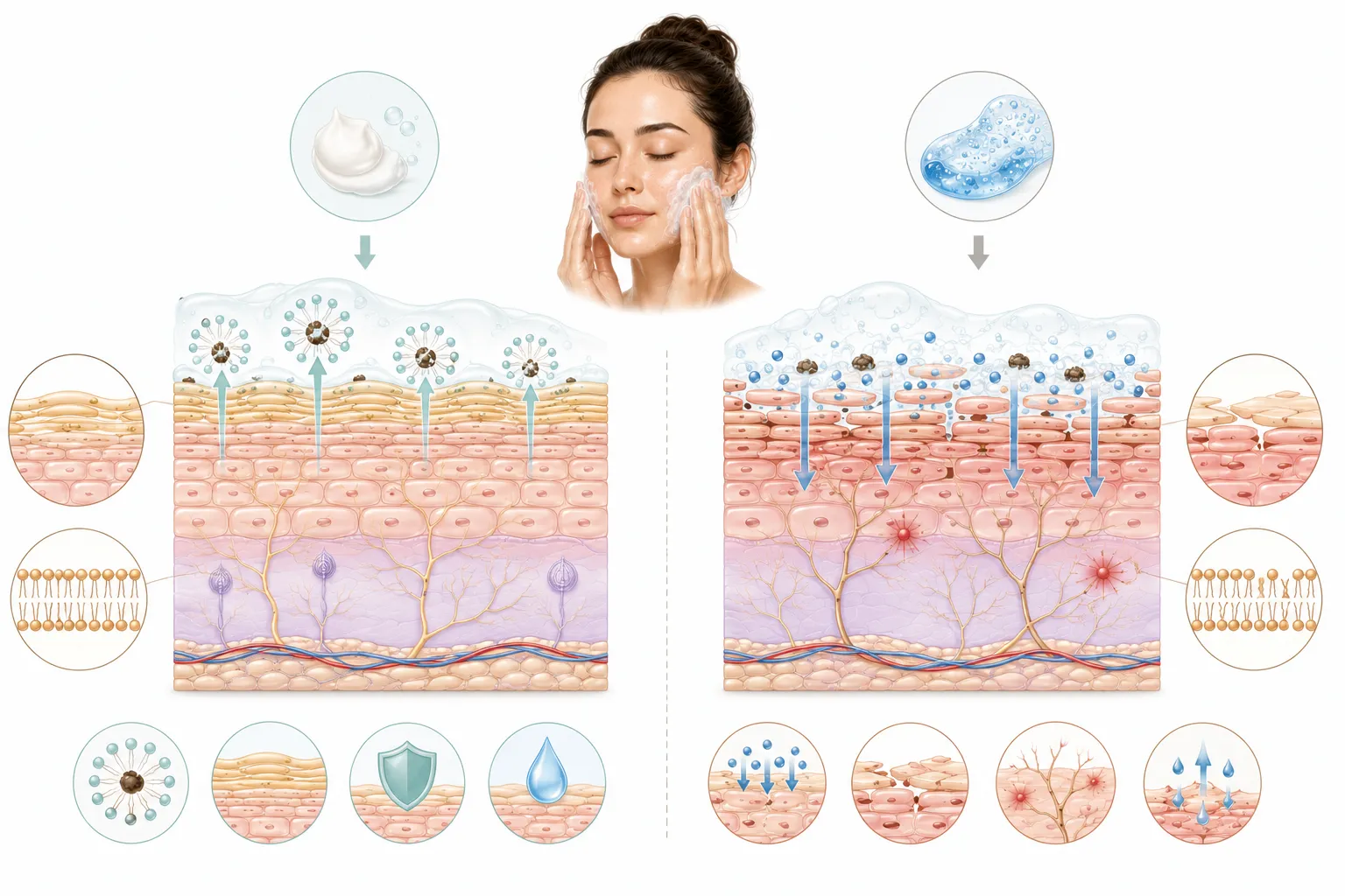 Diagram showing how gentle cleansers cleanse without disrupting the lipid barrier