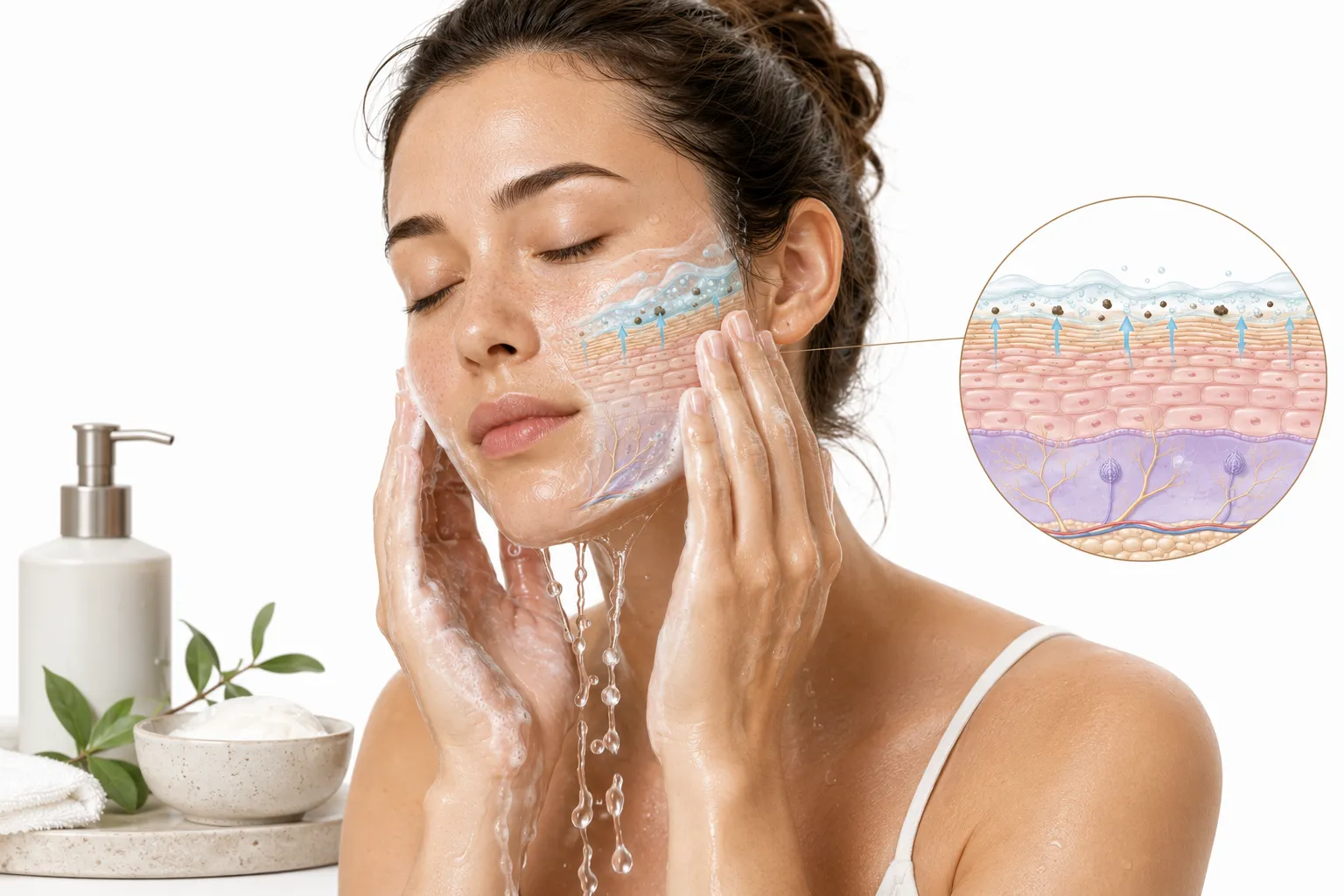 Gentle face wash products arranged on a clean surface next to calm, non-irritated facial skin