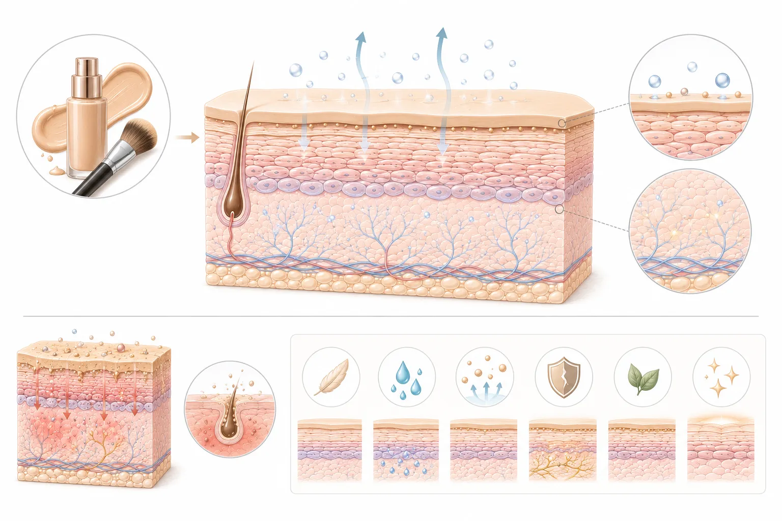 Diagram showing how foundation particles sit on the skin surface versus penetrating the barrier