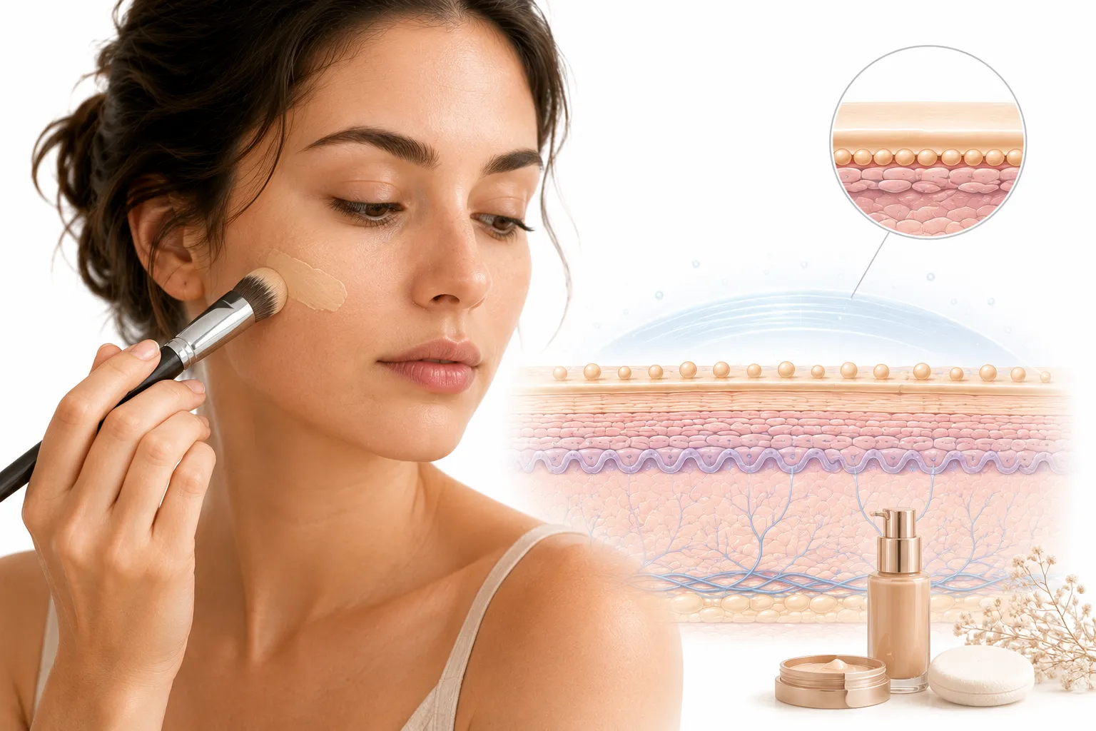 Minimalist foundation bottles arranged on a vanity with a soft focus on calm, sensitive skin