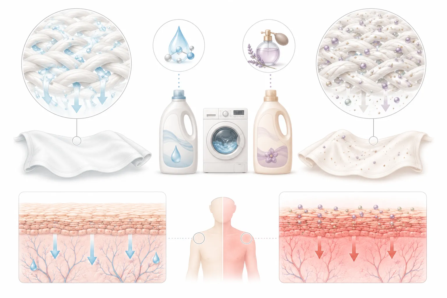 Diagram showing detergent residue trapped in fabric fibers and transferring to skin
