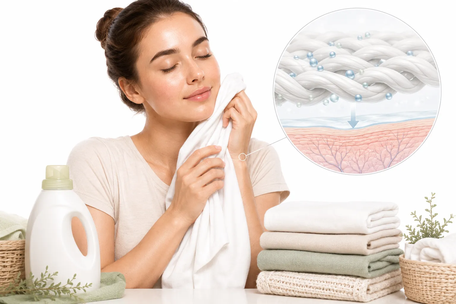 Fragrance-free laundry detergents and a pile of soft, clean clothing on a calm, irritation-free arm