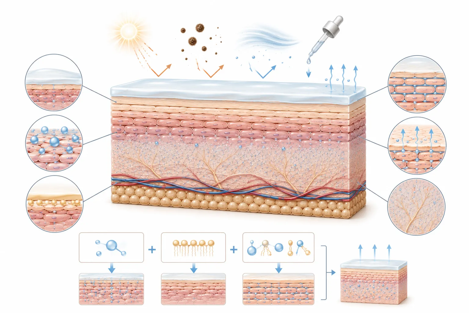 Diagram showing a moisturizer restoring the lipid barrier of sensitive skin