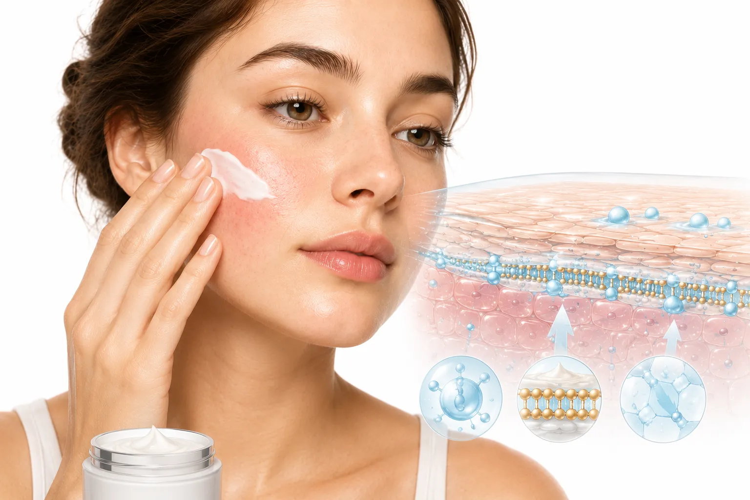 Hydrating moisturizers for sensitive skin arranged on a minimalist shelf