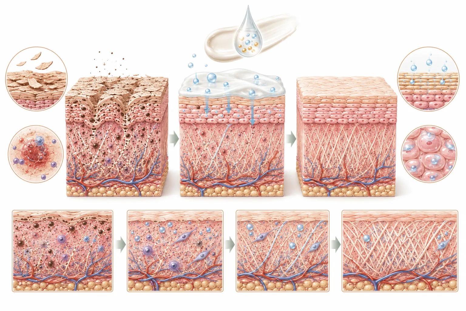 Diagram showing moisturizer ingredients repairing sun-damaged skin barrier