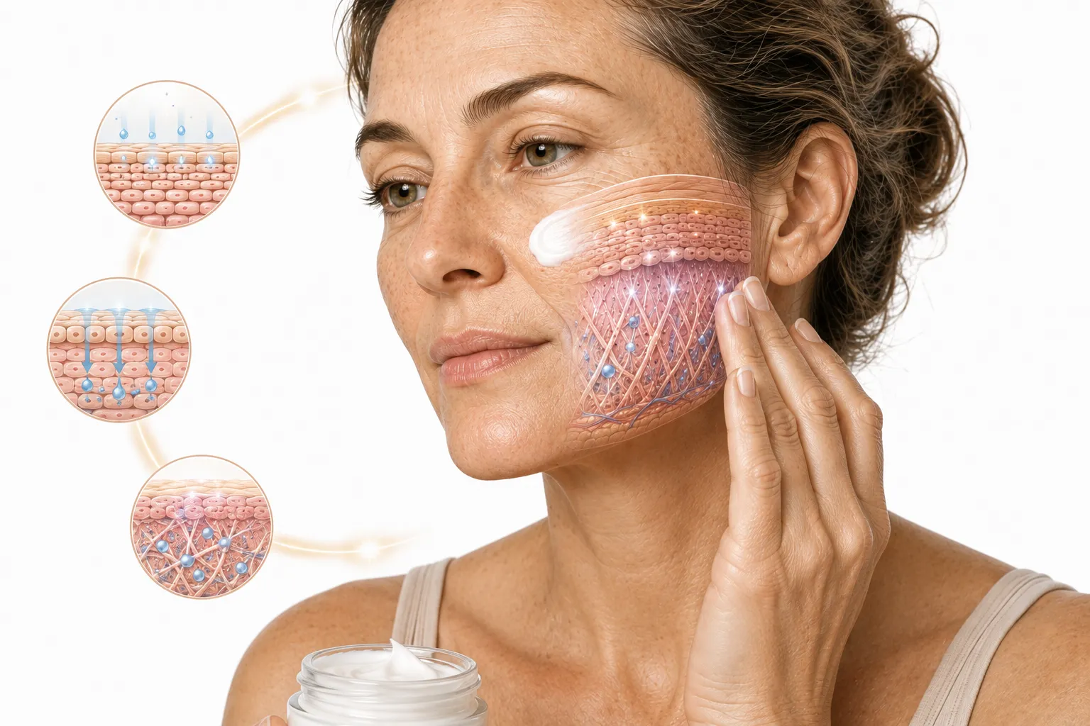 Moisturizer bottles with sun-damaged skin in the background