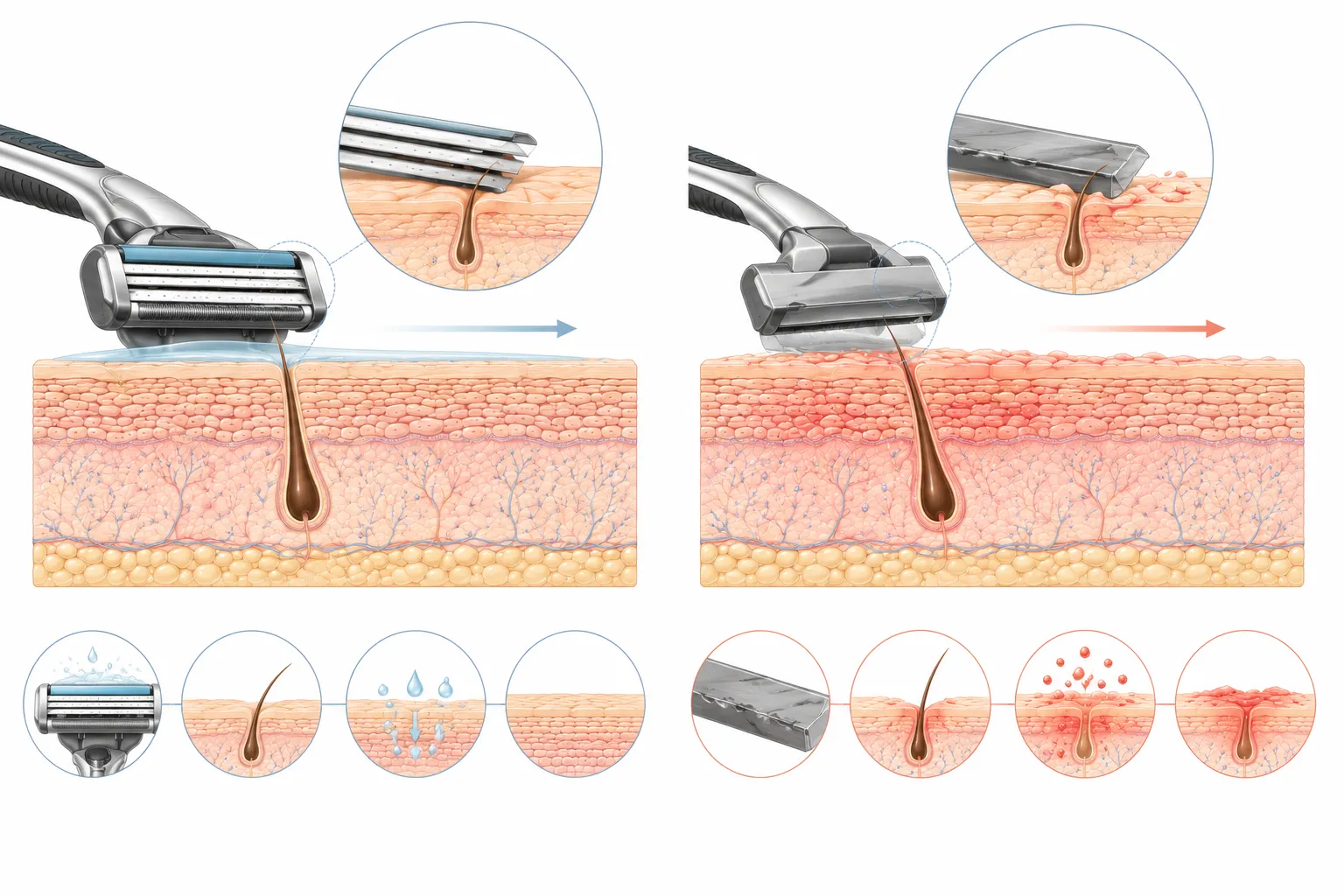 Diagram showing how a single-blade razor reduces irritation compared to a multi-blade razor