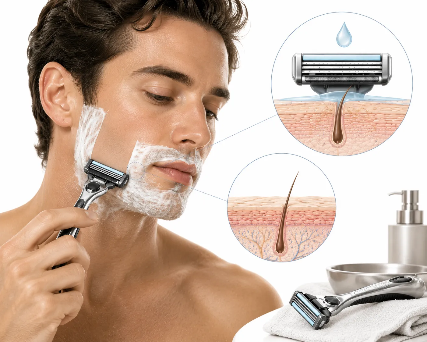 Selection of gentle razors for sensitive skin on a bathroom counter