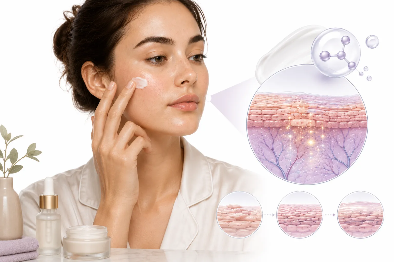 Gentle retinol products with calming ingredients on a minimalist shelf