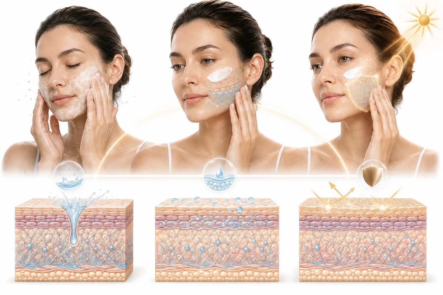 A simple skincare routine with cleanser, moisturizer, and sunscreen for normal skin