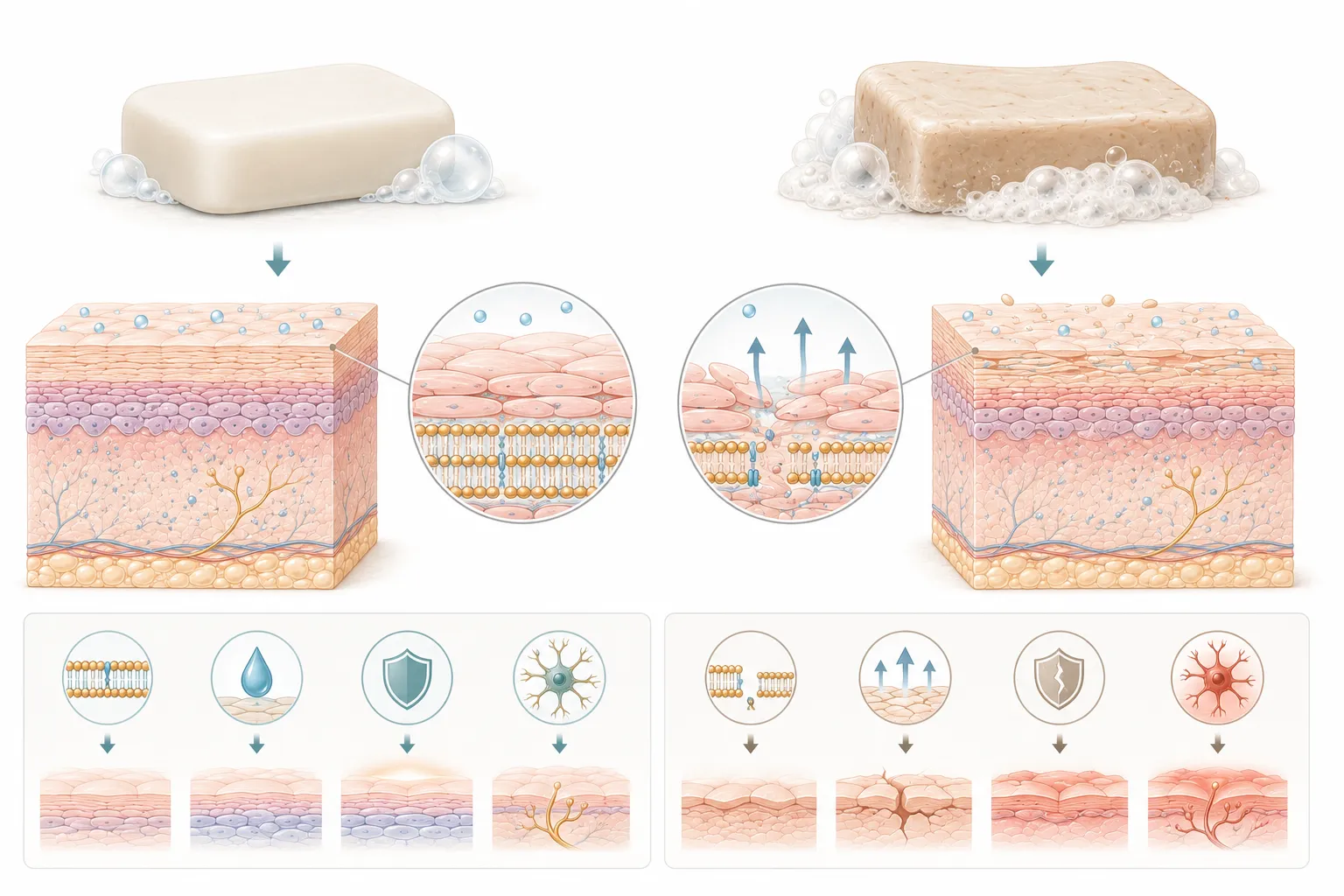 Diagram showing how syndet bars are closer to skin's natural pH than traditional soap