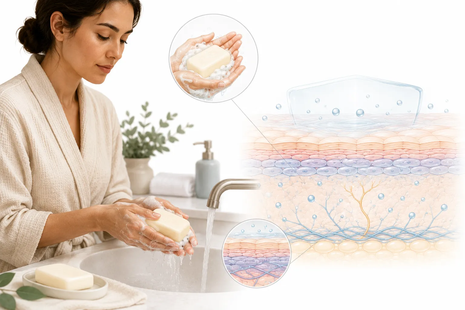 Gentle, fragrance-free soaps on a marble surface next to calm, clear skin