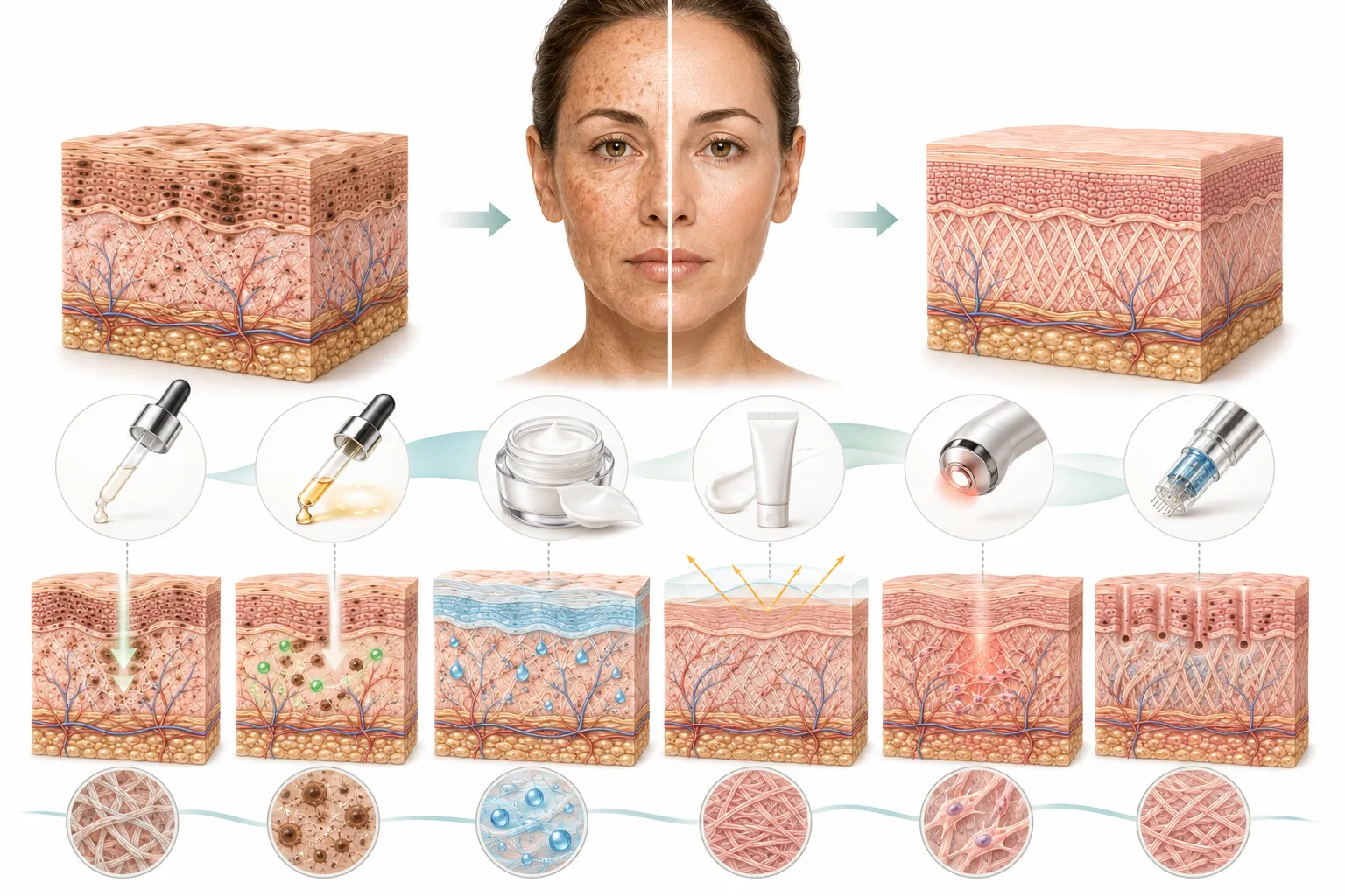 Diagram showing treatment options targeting different layers of sun-damaged skin