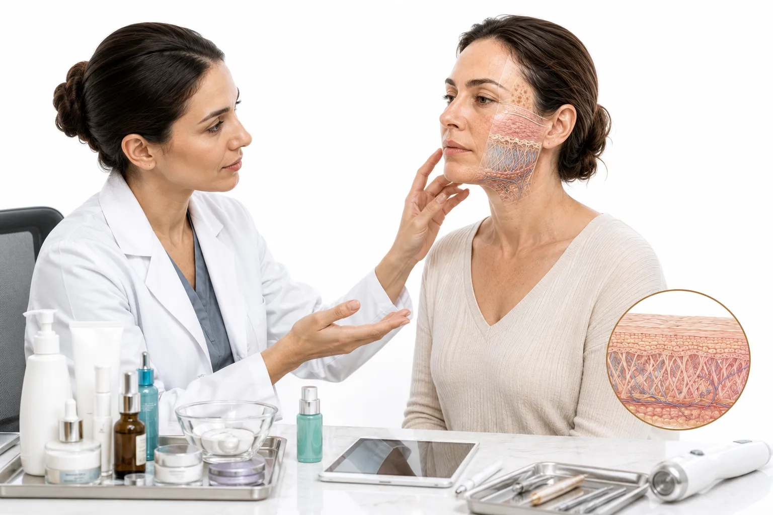 Professional skincare treatments for sun-damaged skin including creams, laser, and peels