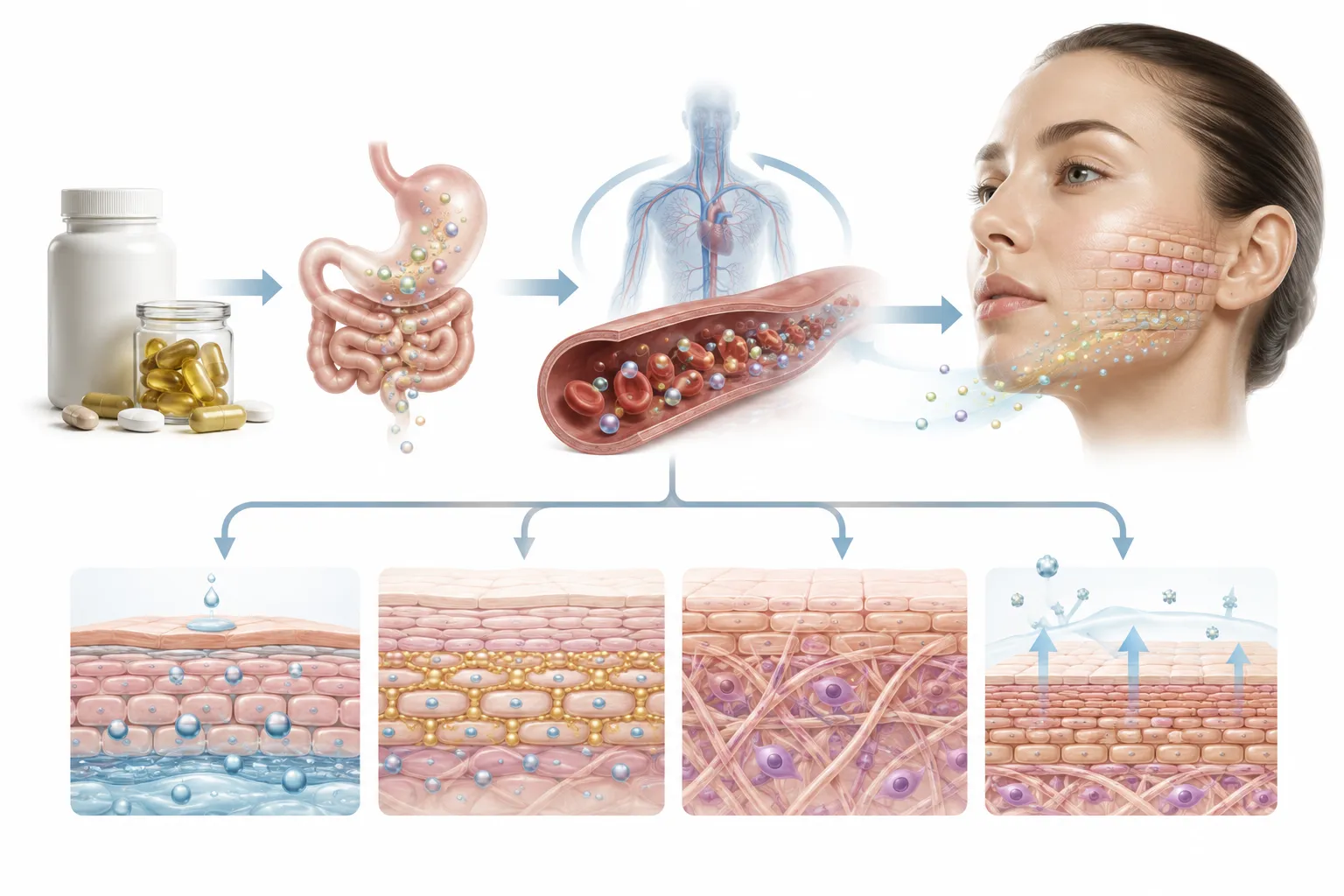 Diagram showing supplements being absorbed and supporting skin barrier structure