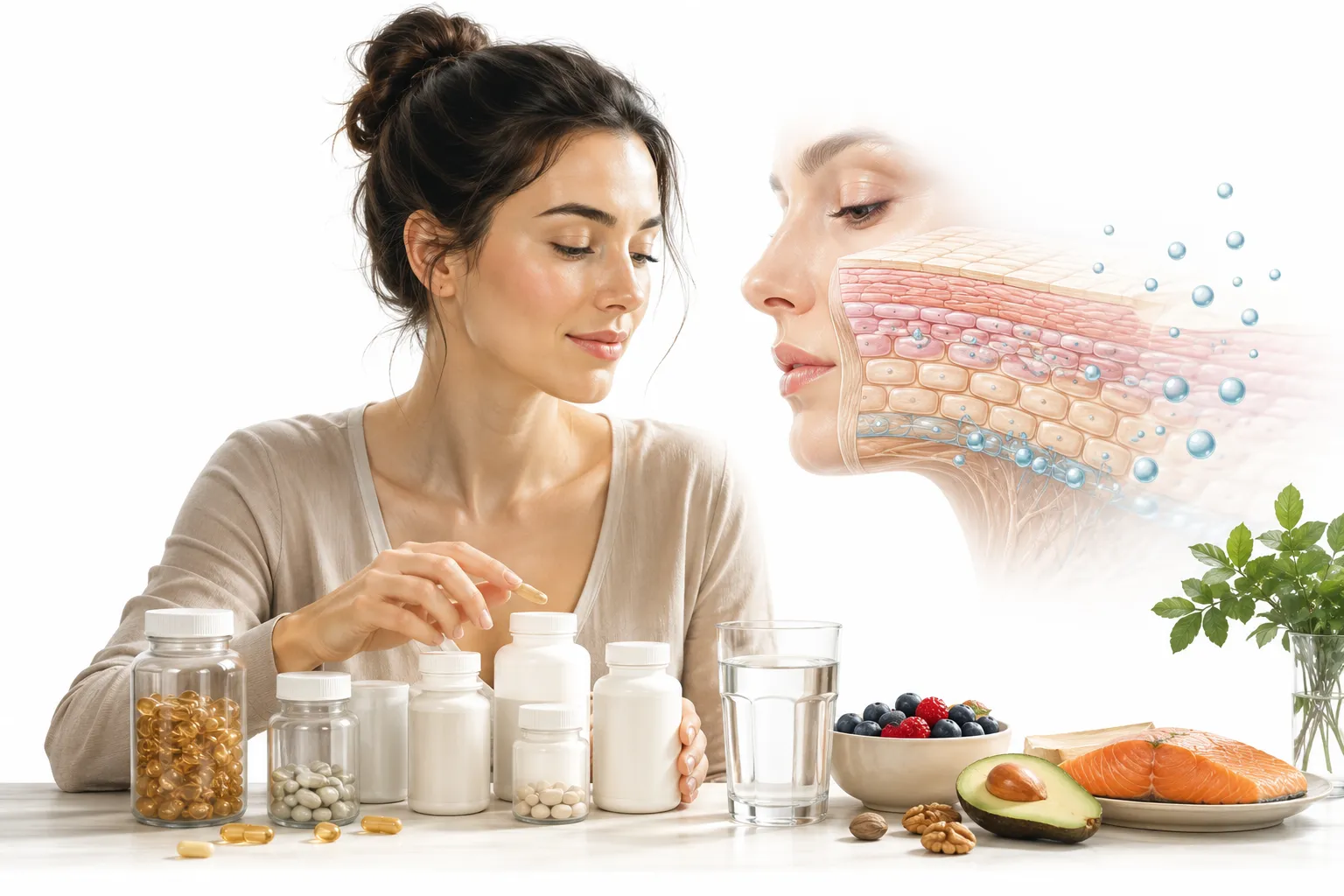Assorted supplements on a surface with skin illustration in background