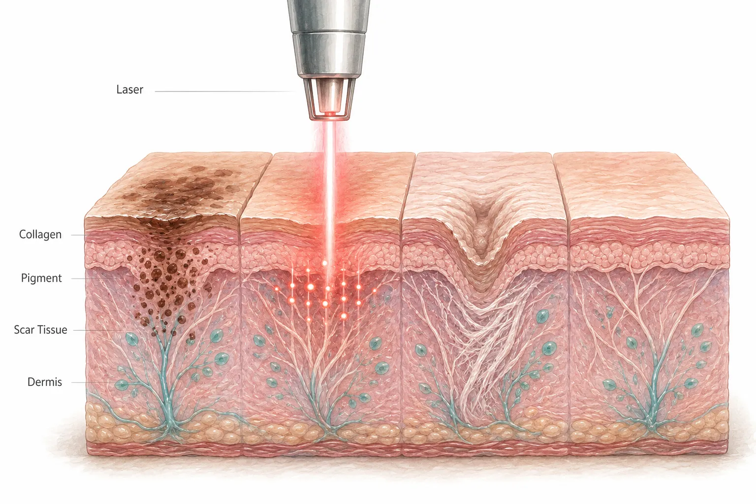 Diagram showing different laser wavelengths targeting different skin structures
