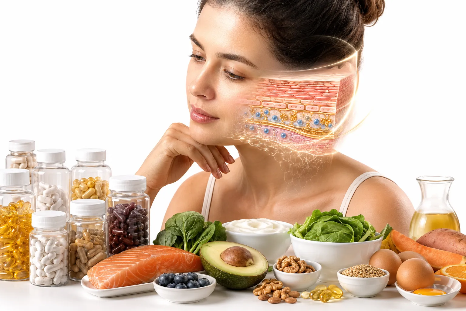Various vitamin supplements and vitamin-rich foods with skin illustration