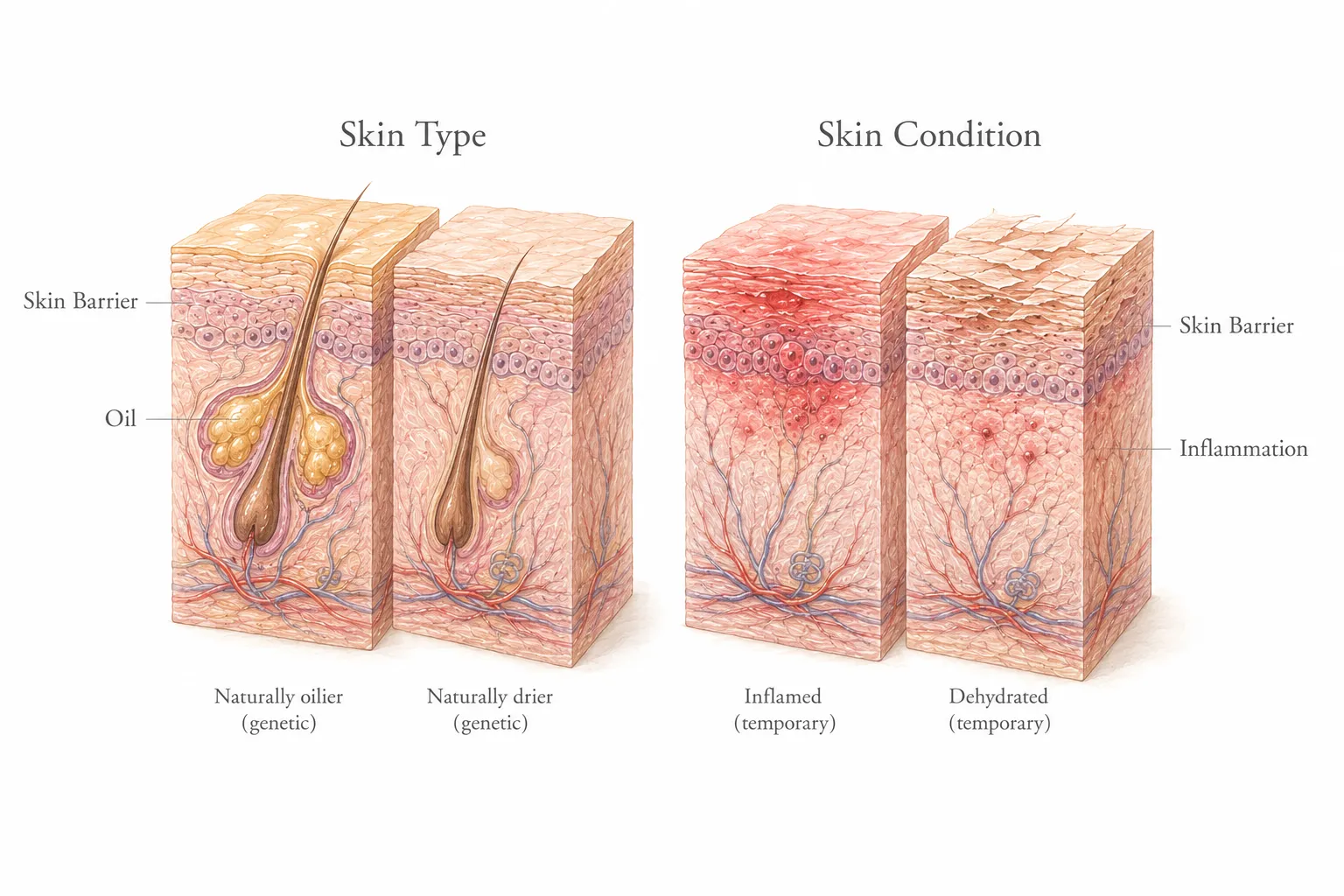 Diagram comparing skin type and skin condition with examples and timelines