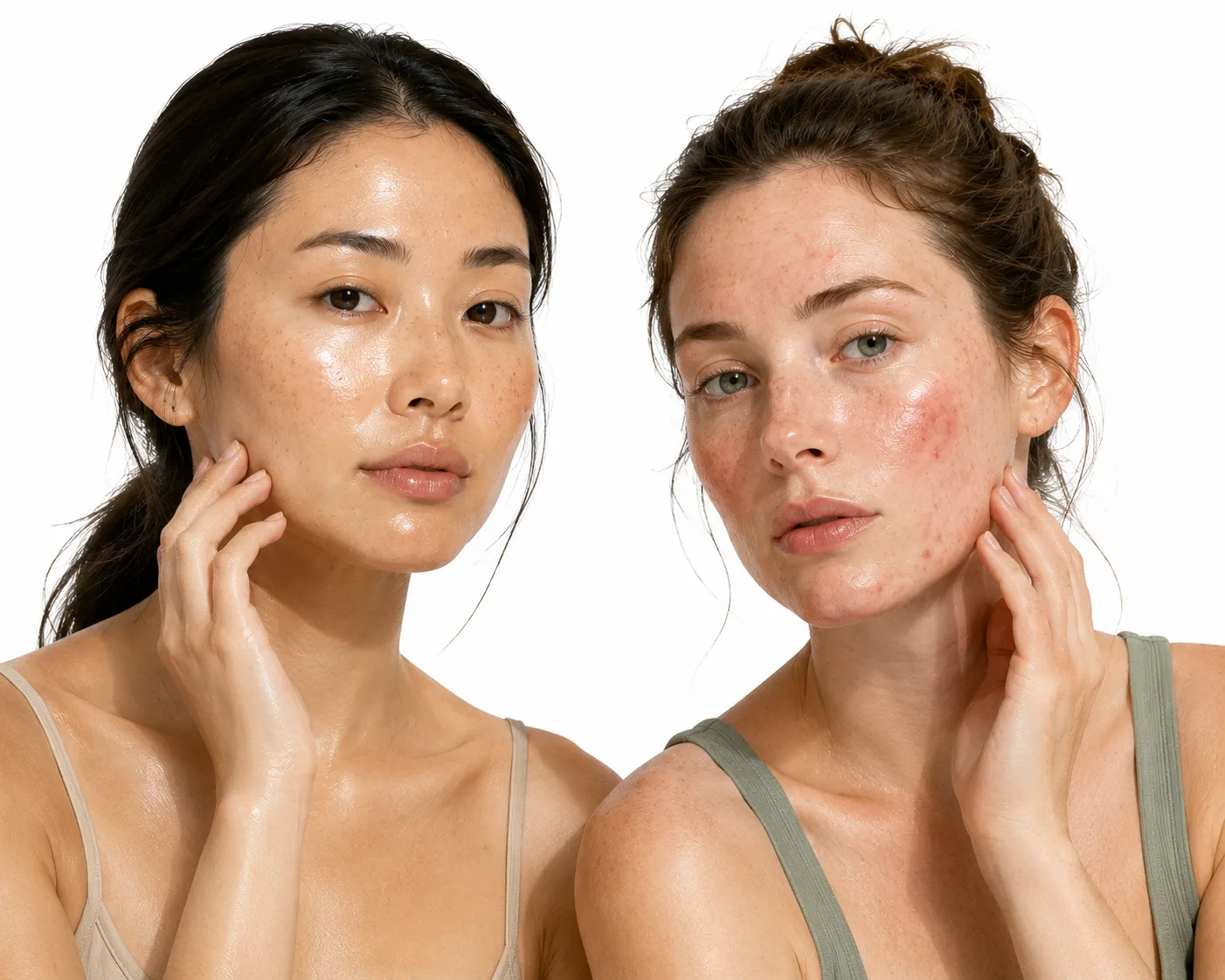 Split image showing skin type (genetic) vs skin condition (temporary)