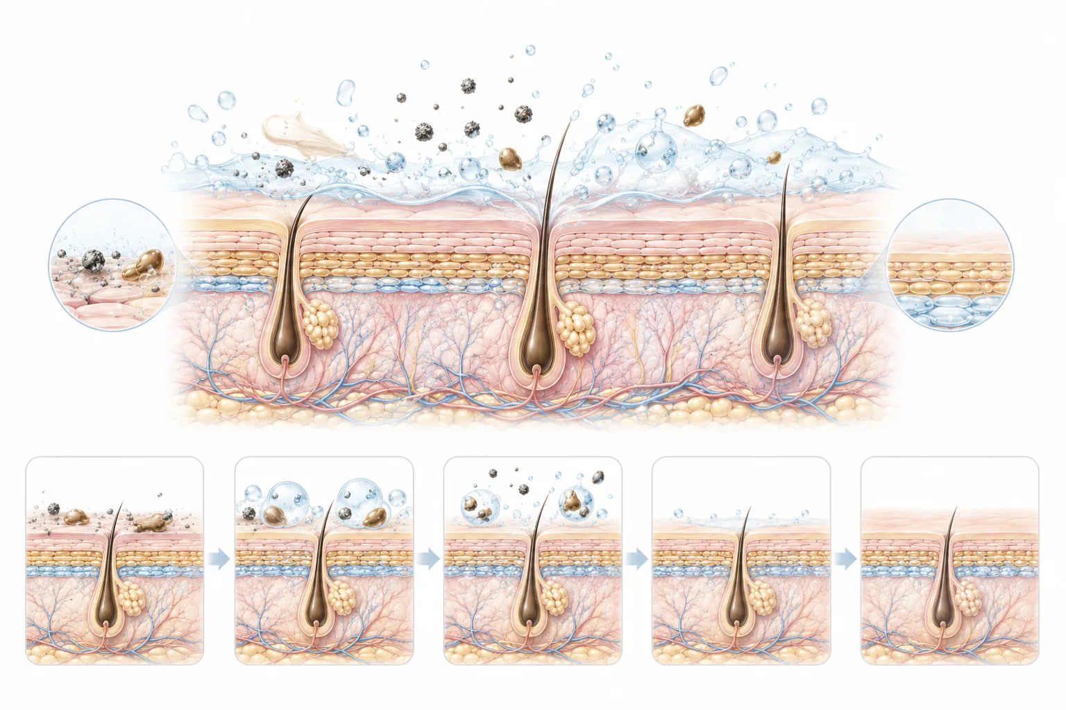 Diagram showing normal skin barrier being maintained by a gentle cleanser
