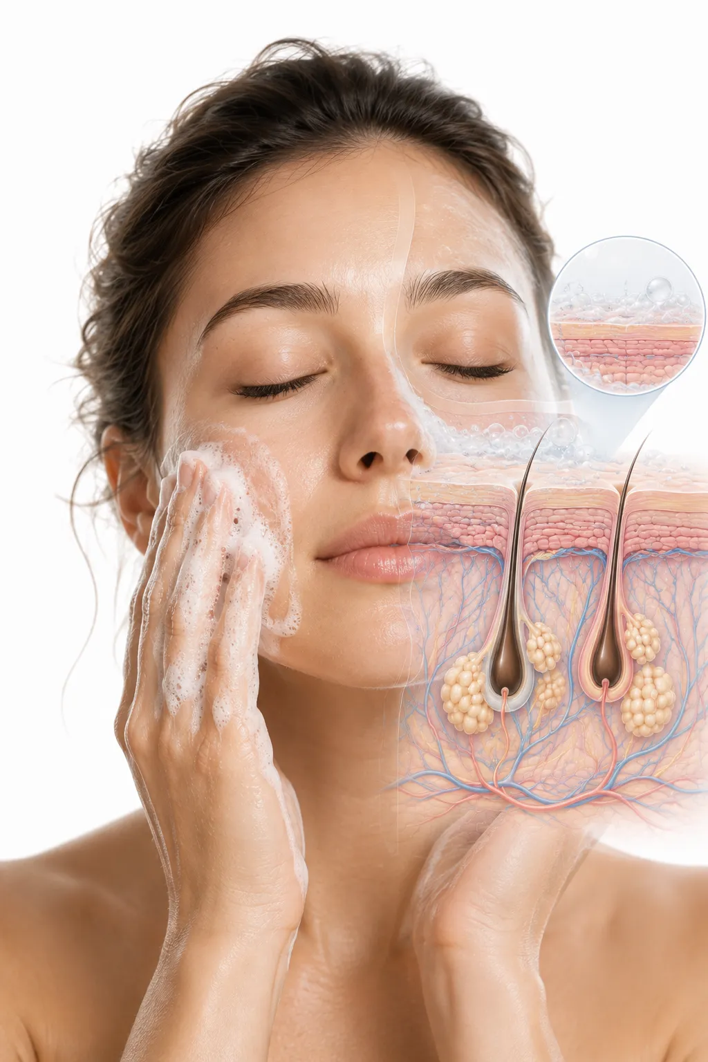 Balanced cleanser bottle beside healthy, normal skin texture