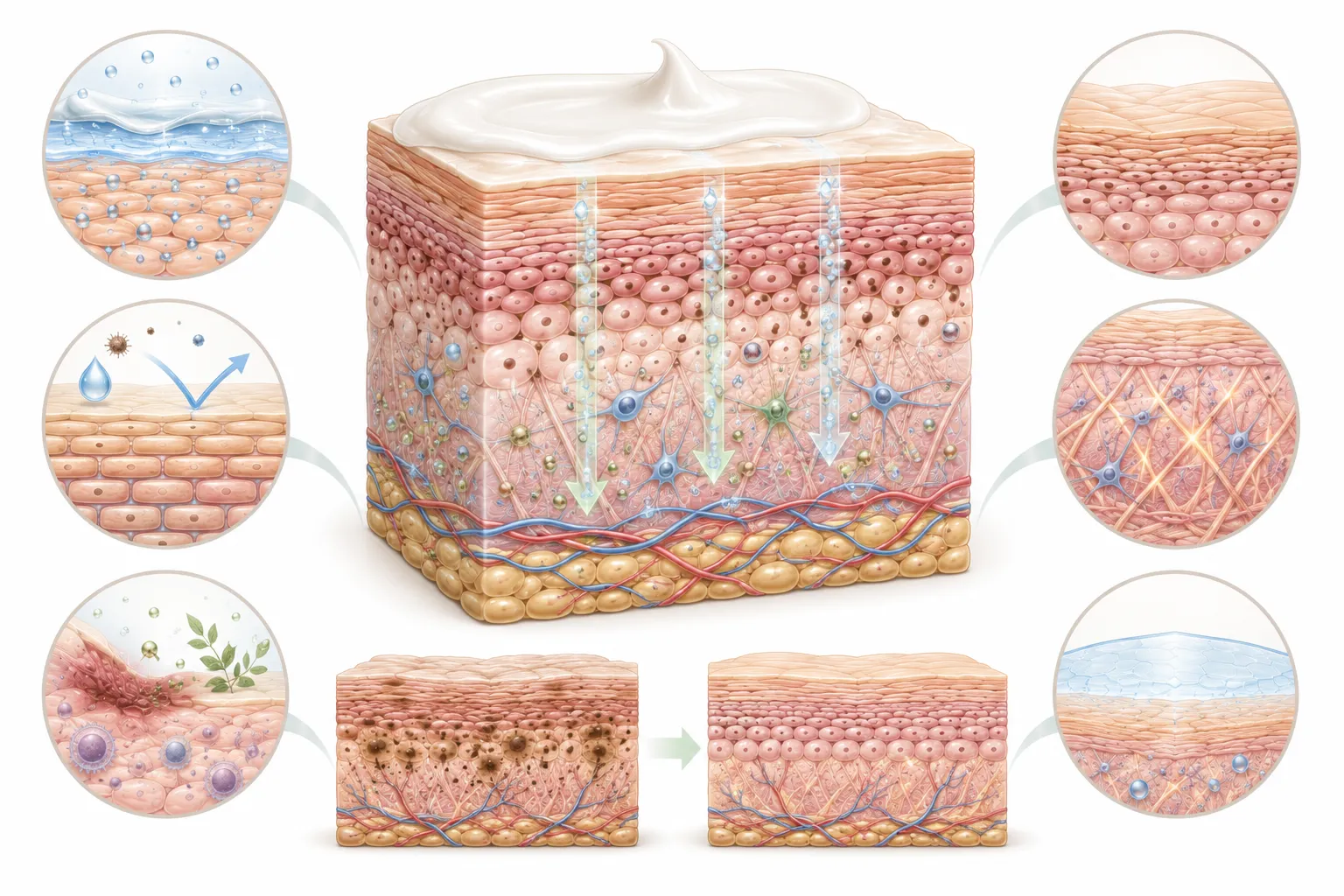 Diagram showing rich cream repairing sun-damaged skin barrier