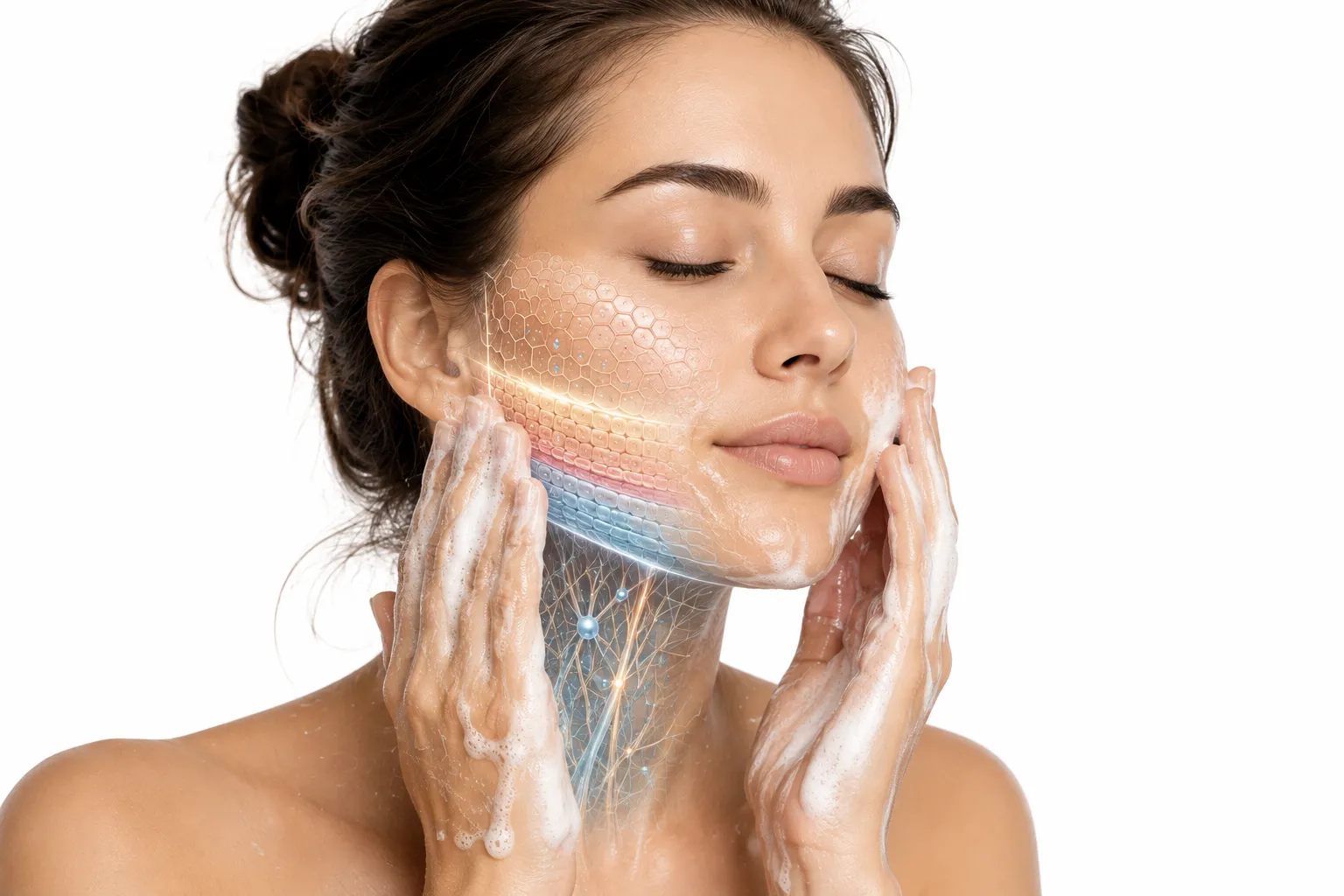 Balanced face wash bottle beside healthy, normal skin