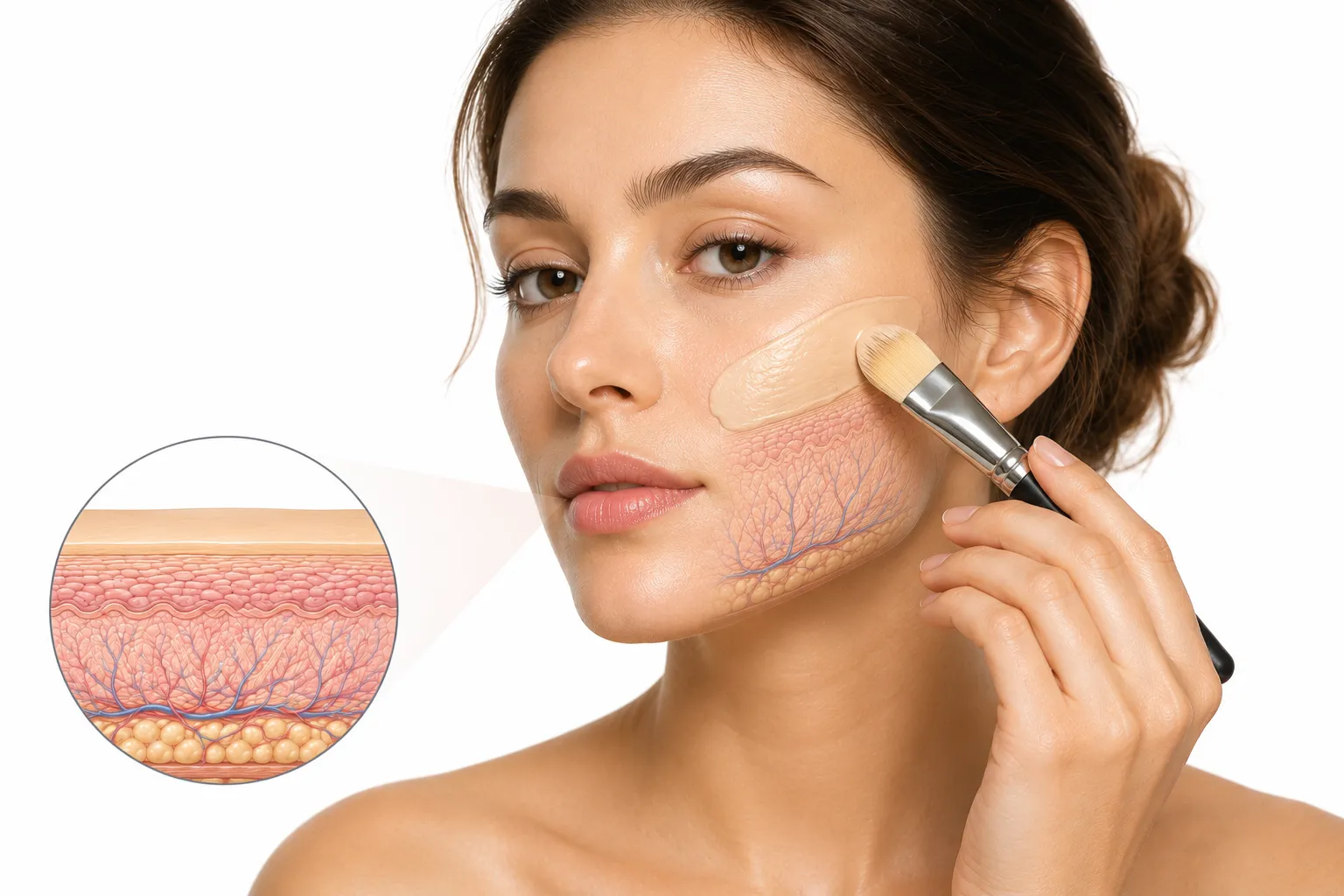 Natural-finish foundation bottle beside healthy, normal skin texture