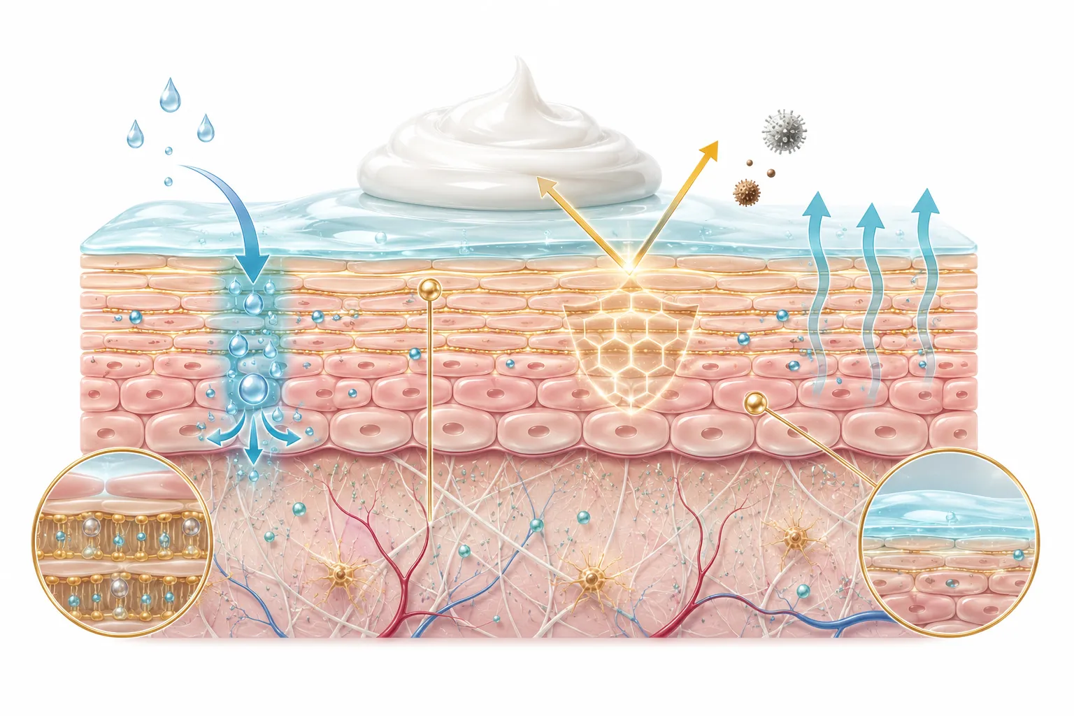 Diagram showing how barrier-repair moisturizers rebuild the lipid matrix