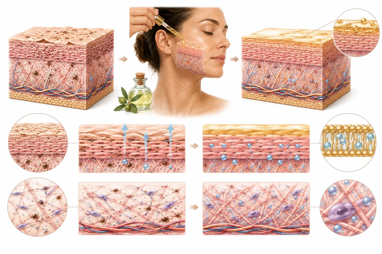 Diagram showing plant oils repairing and protecting sun-damaged skin