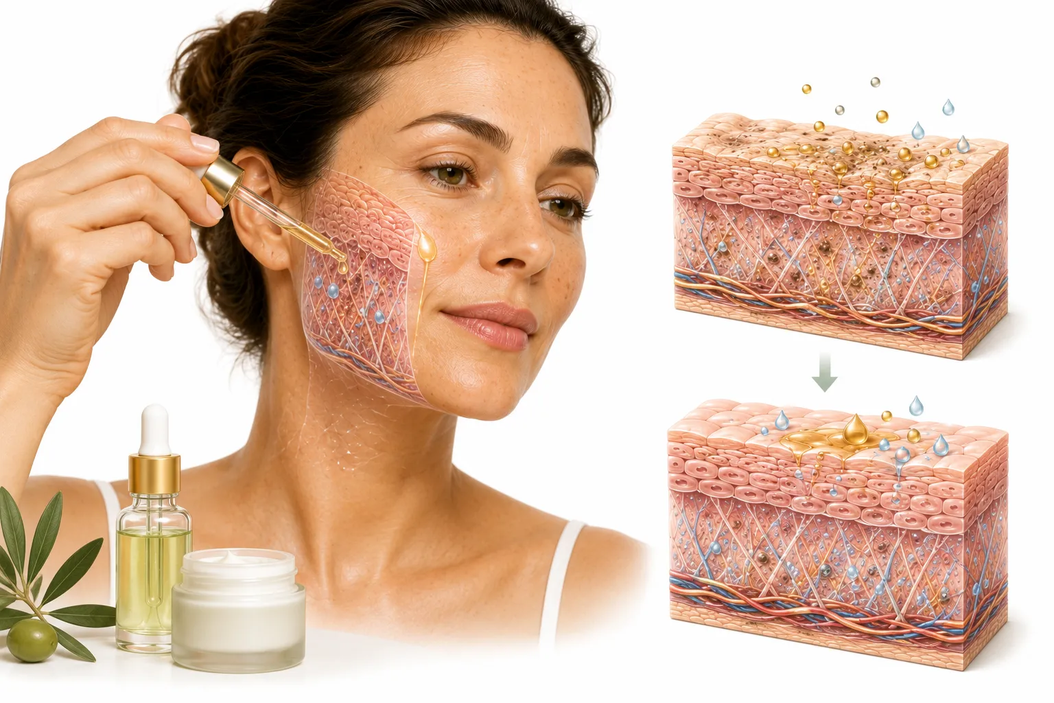 Facial oil bottles with sun-damaged skin in the background