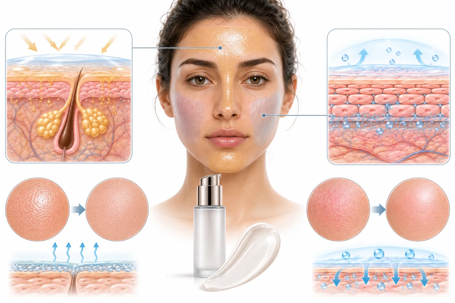 Diagram showing how primer works on different zones of combination skin