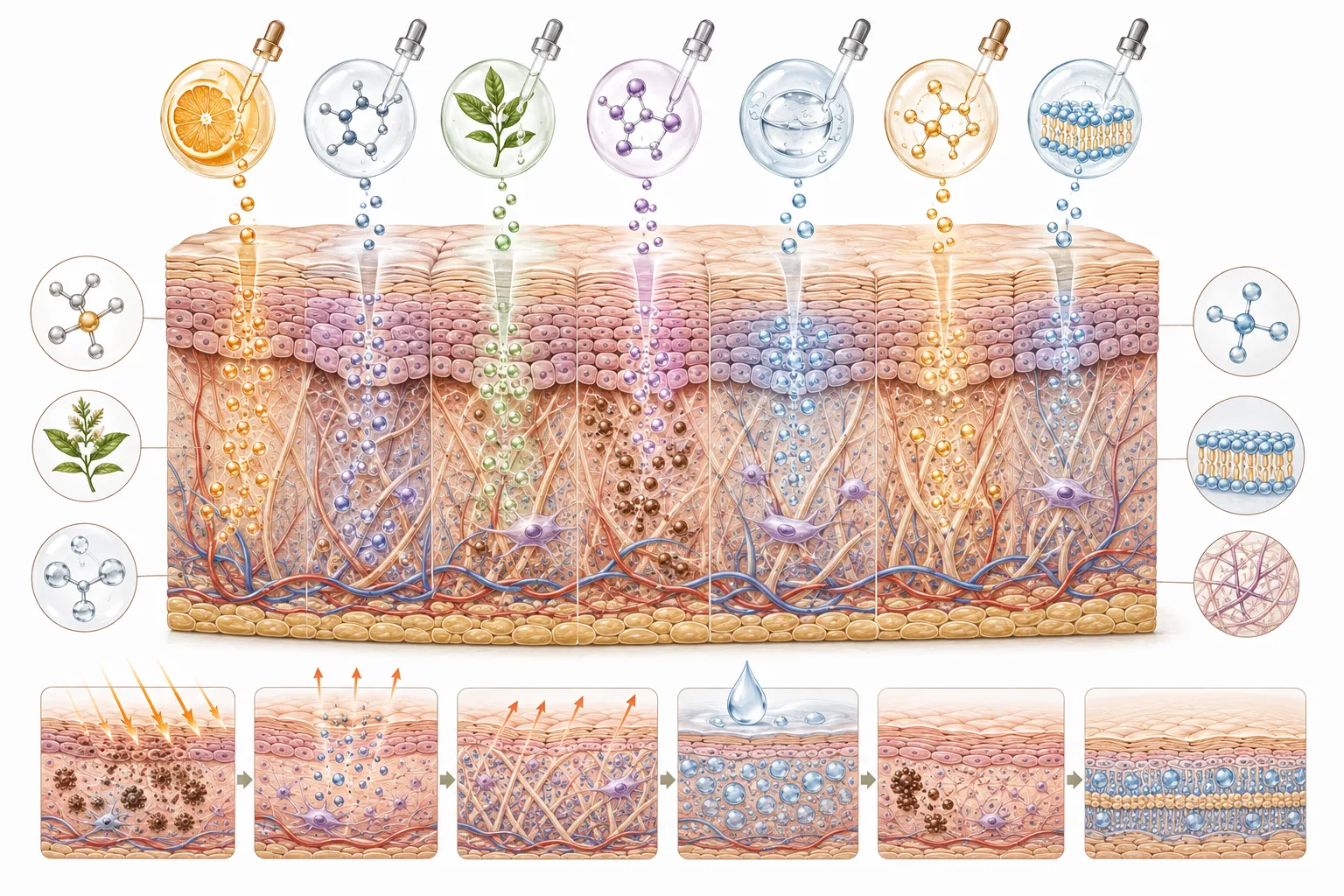 Diagram showing serums penetrating sun-damaged skin layers