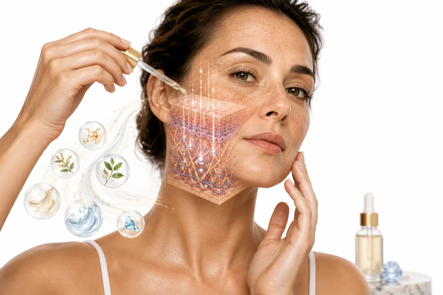 Serum bottles with sun-damaged skin in the background