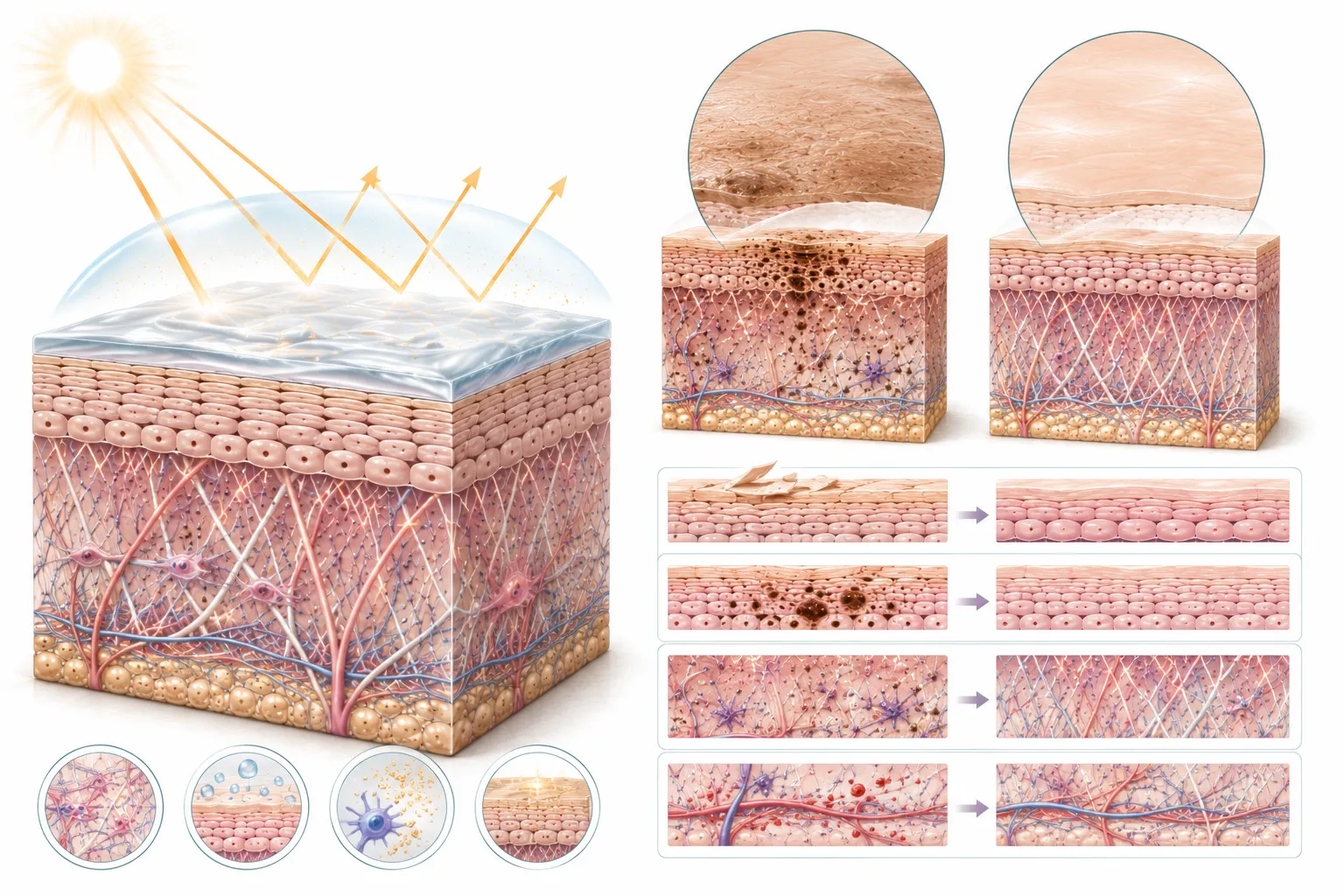 Diagram showing how different sunscreen ingredients protect sun-damaged skin