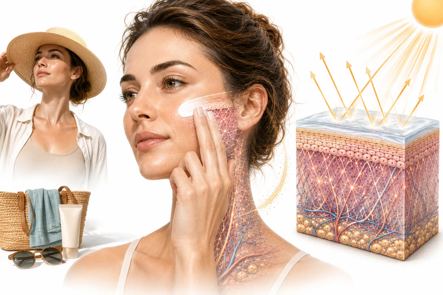 Sunscreen bottles with skin showing sun damage in the background