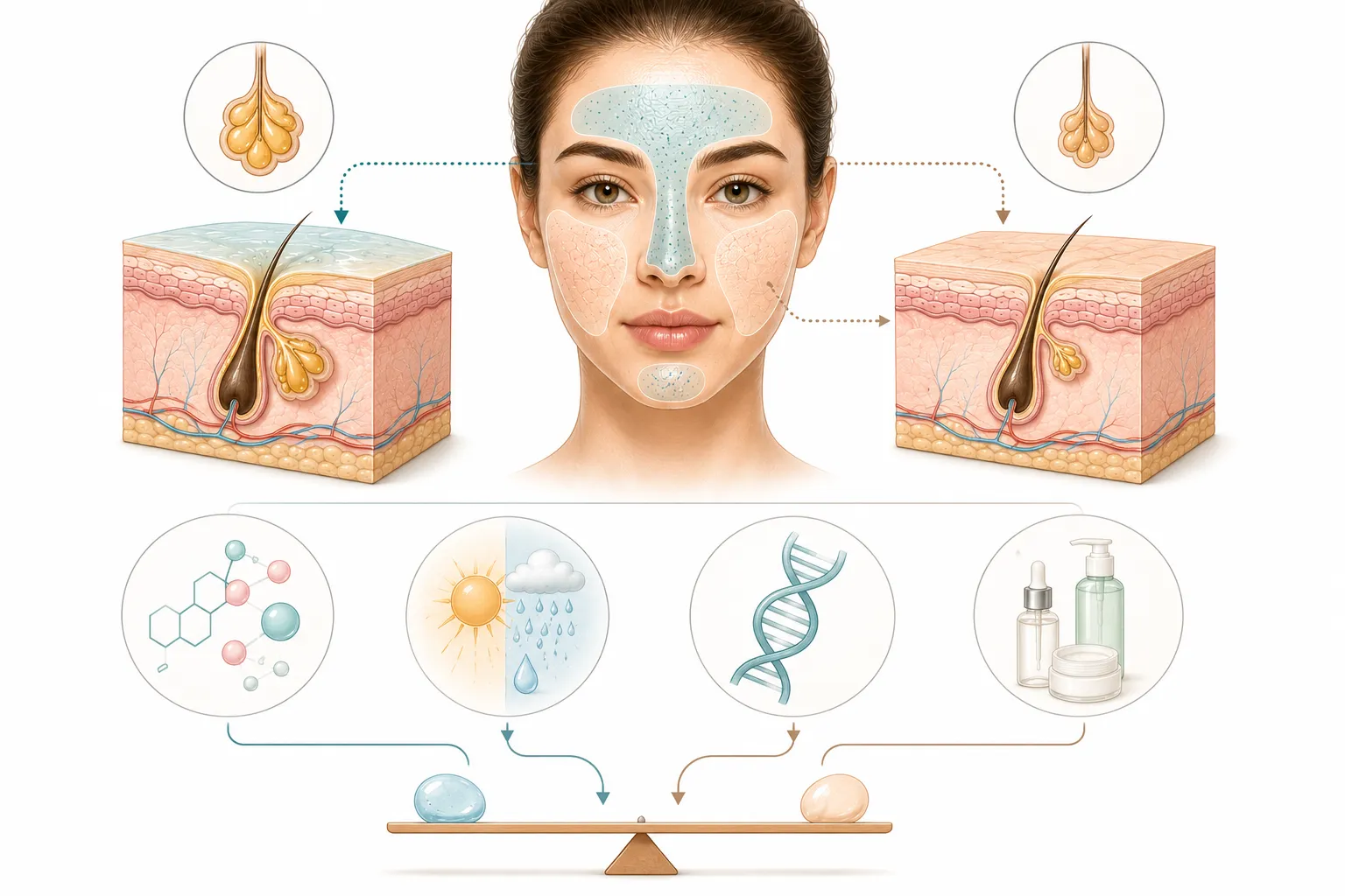 Diagram showing sebaceous gland density mapped across different areas of the face