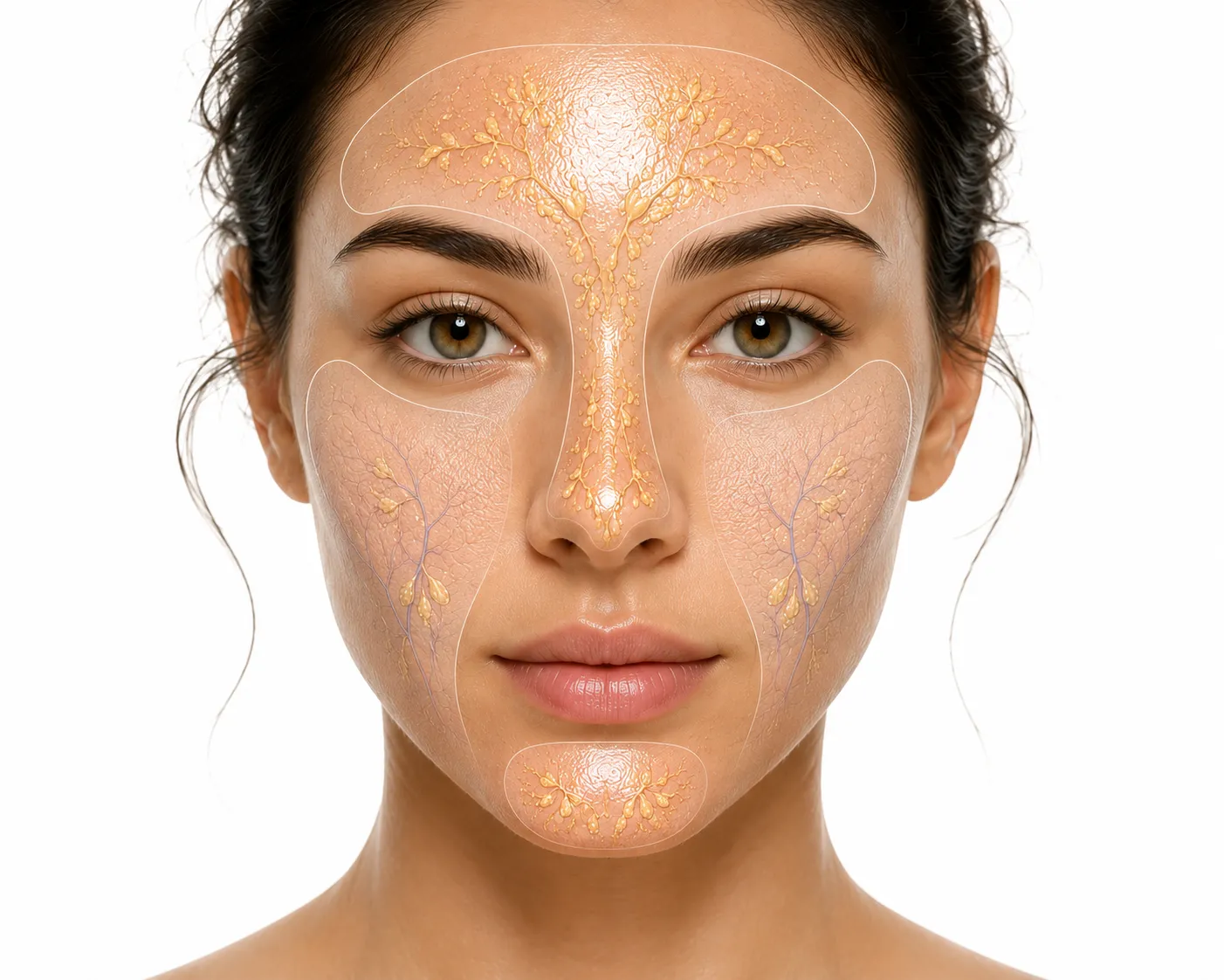 Face diagram highlighting an oily T-zone and drier cheek areas