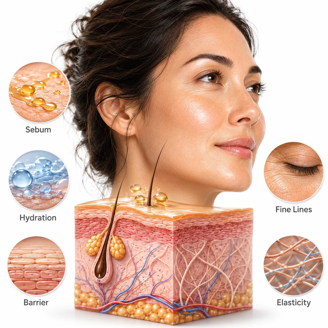 Diagram showing how sebum protects collagen over time