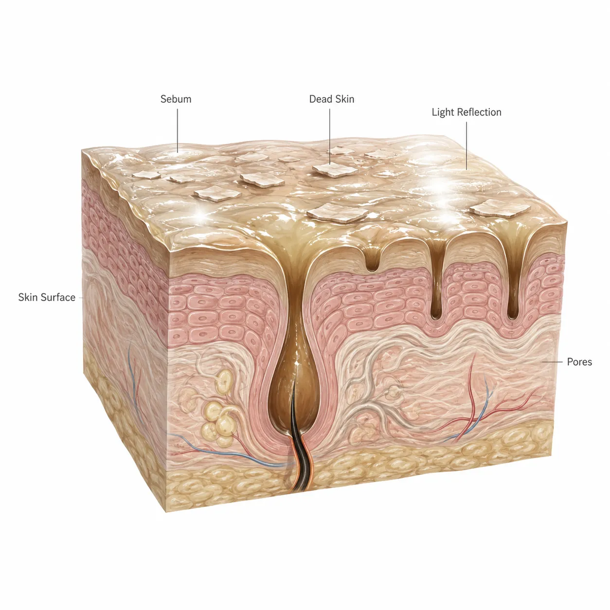 Diagram showing light scattering on built-up dead skin cells versus reflection on smooth skin