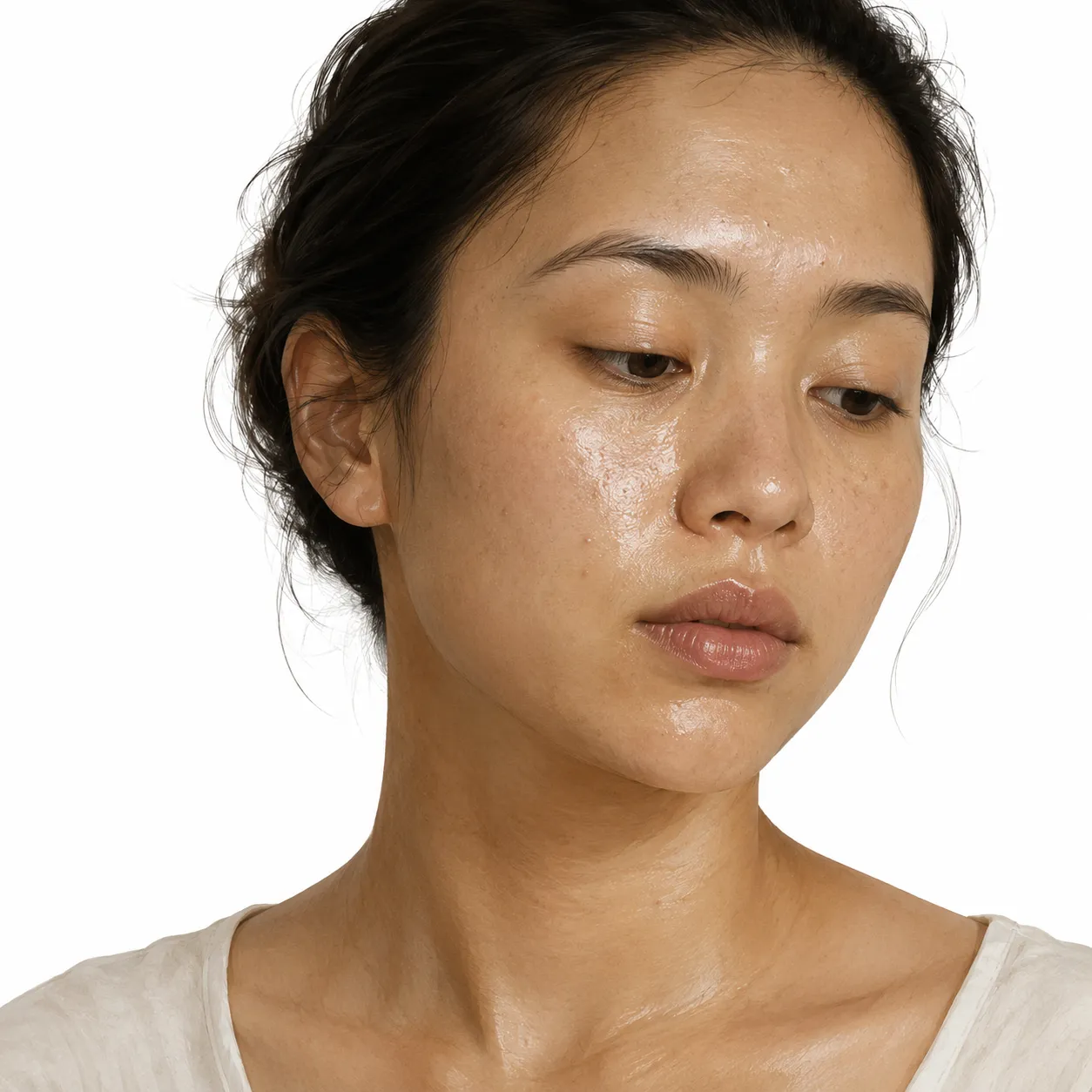 Oily skin with a dull, lackluster appearance despite oiliness