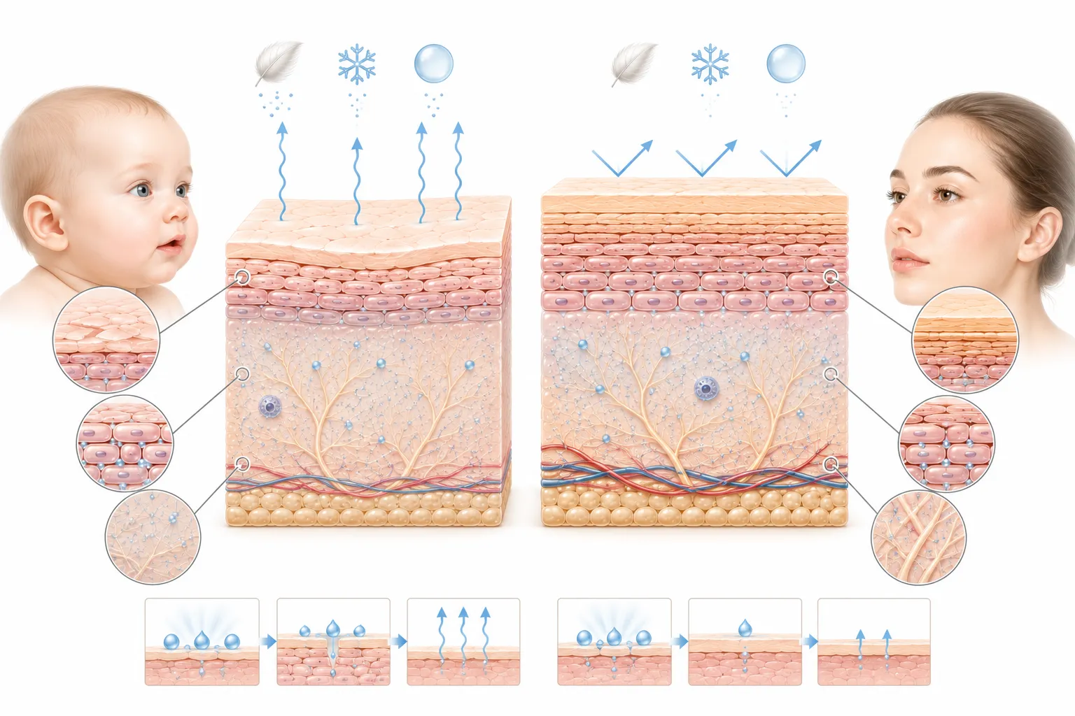 Diagram comparing baby skin and adult skin structure, showing baby skin's thinner barrier, fewer lipids, and higher water content