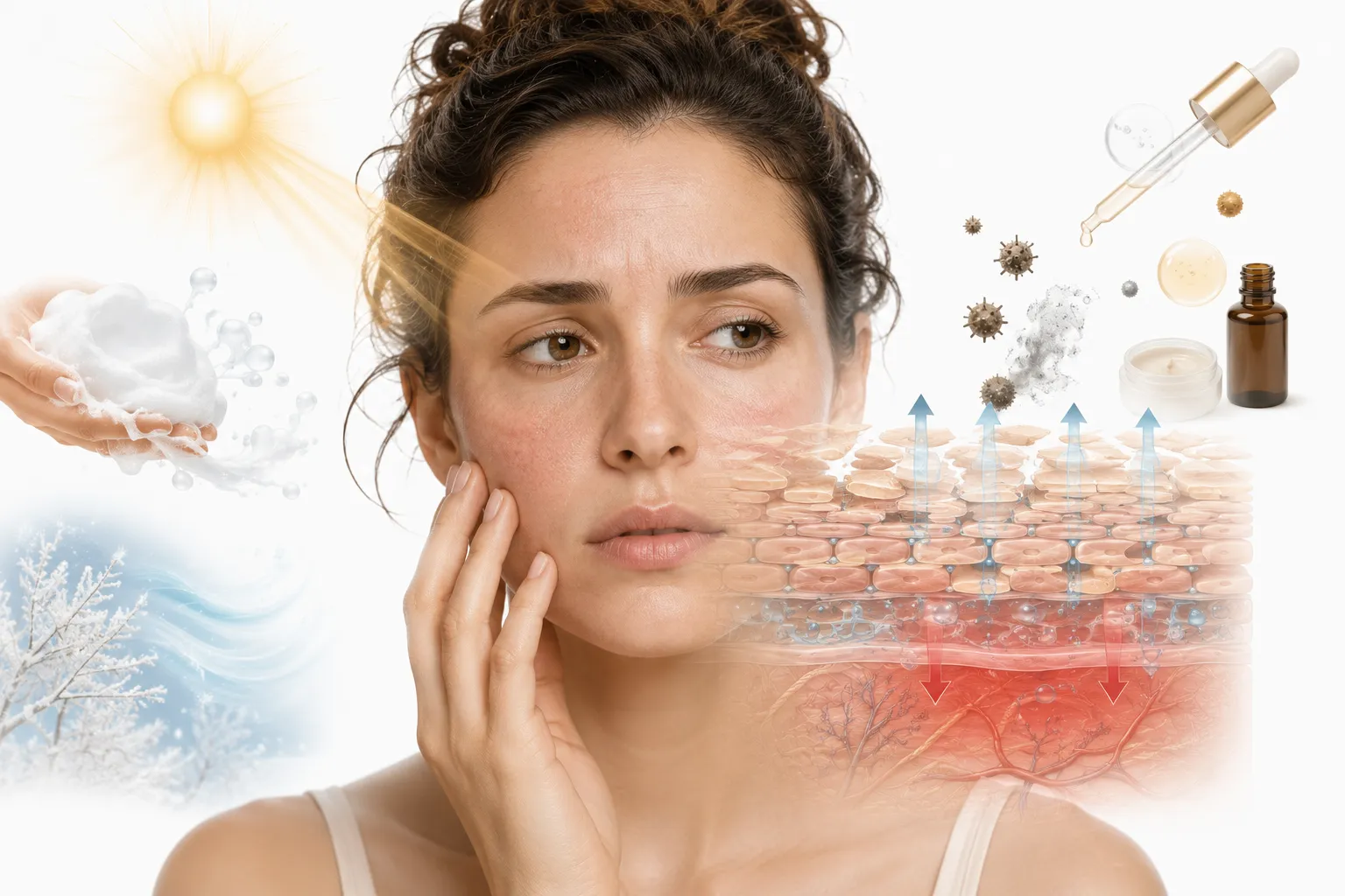 Illustration of someone reviewing their skincare routine for barrier damage causes