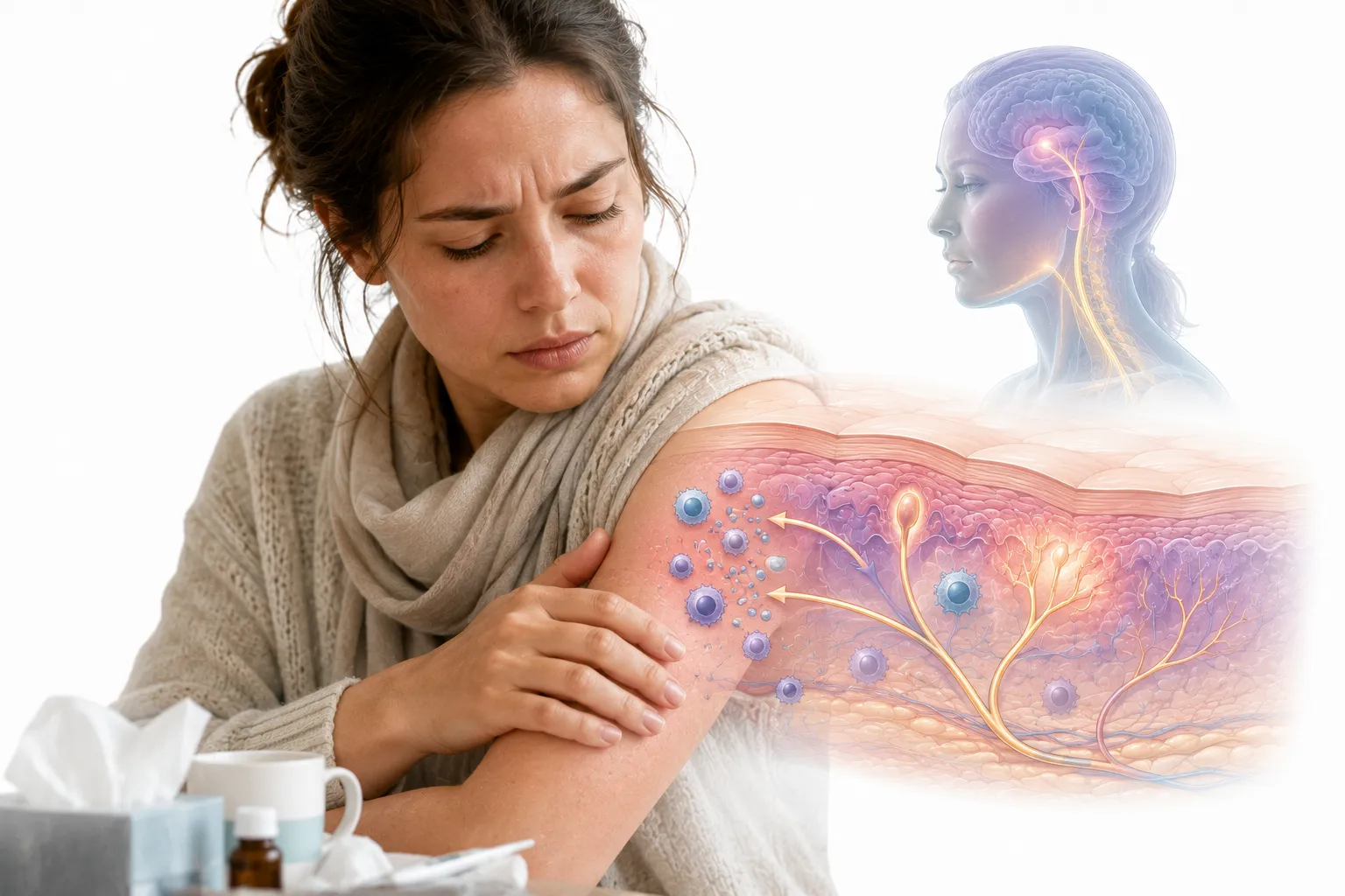 Person with cold symptoms touching sensitive skin on their cheek