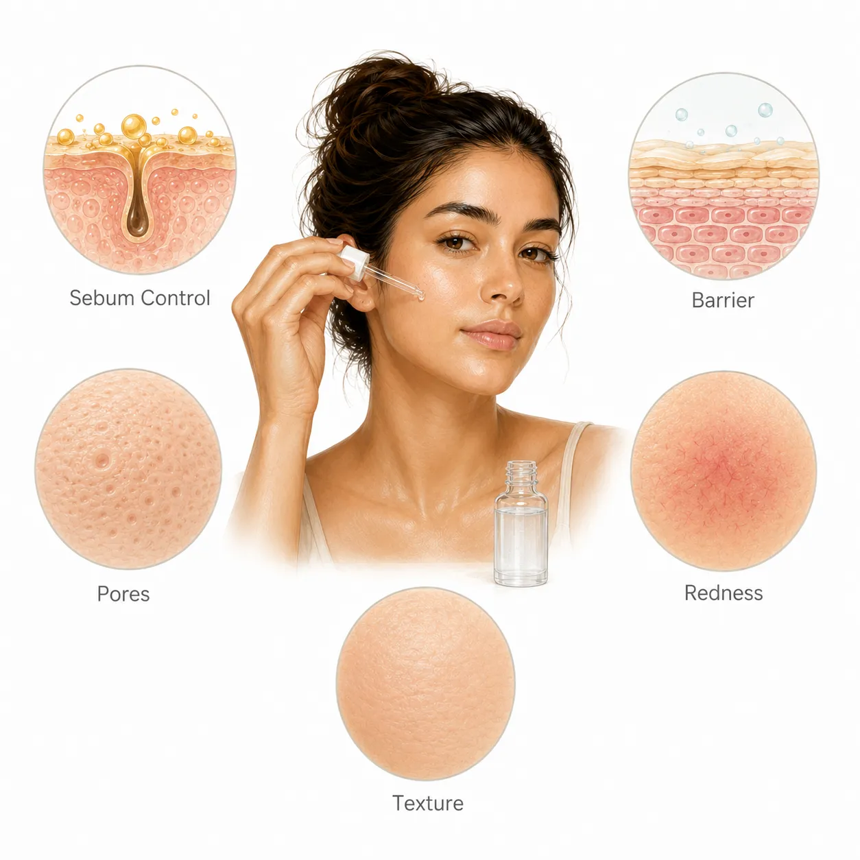 Diagram showing niacinamide regulating sebum production in oily skin