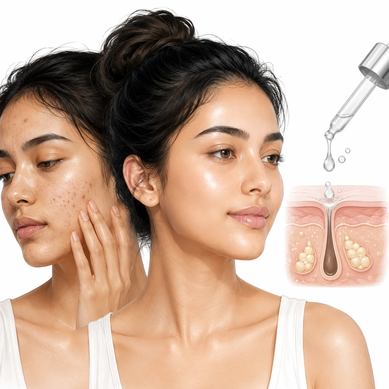 Salicylic acid serum bottle beside oily, pore-visible skin