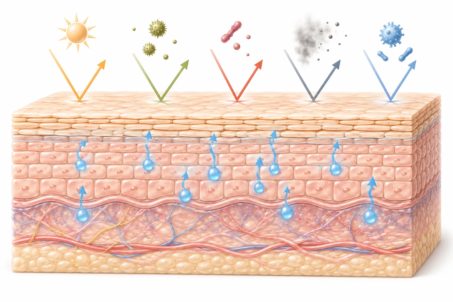 Diagram showing the skin barrier at the center of multiple skin functions