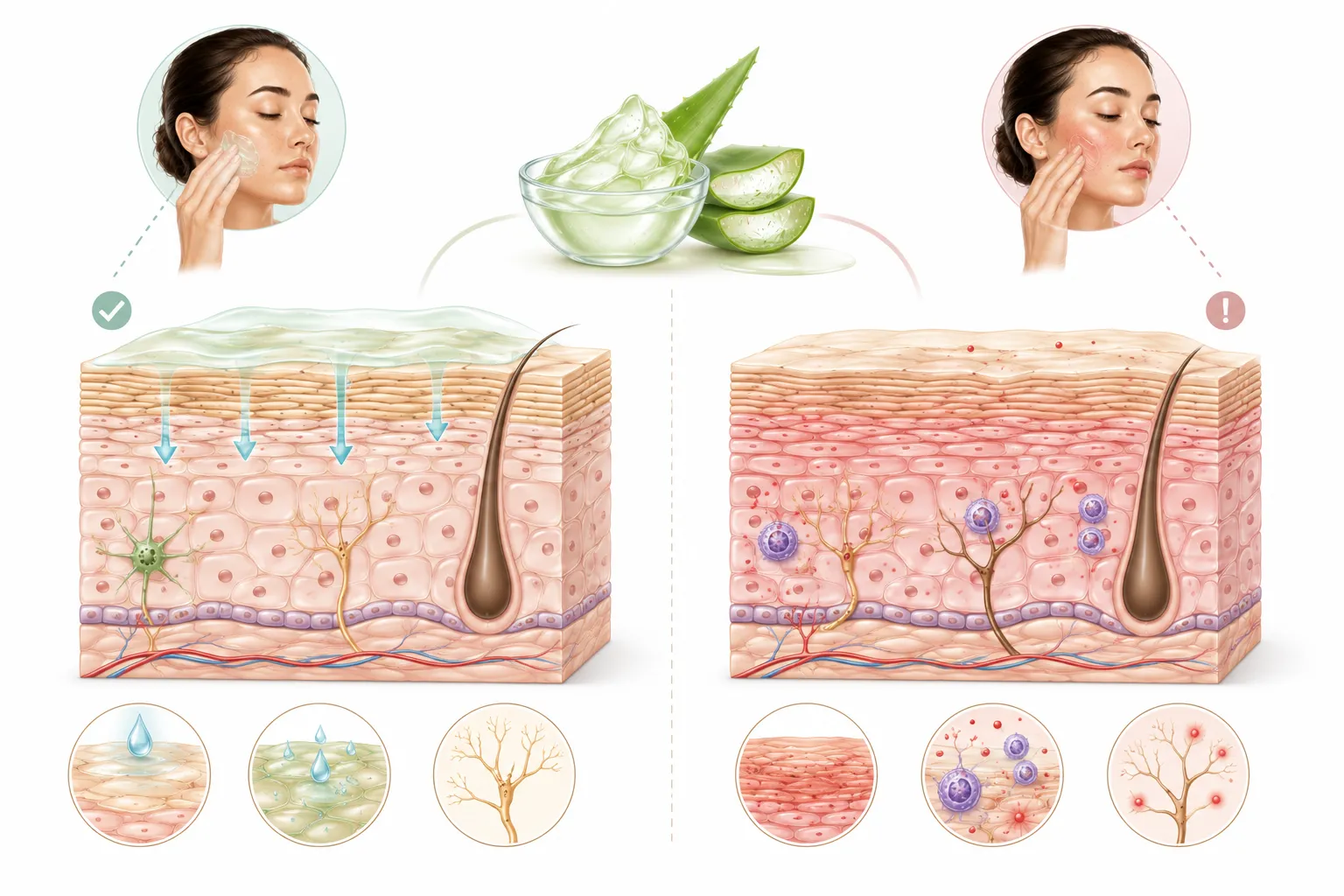 Diagram showing aloe vera's soothing and hydrating effects on sensitive skin, and the potential for allergic reactions in some individuals